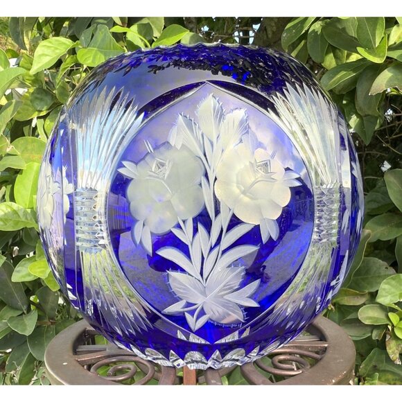 Bohemian Crystal Cobalt Blue Cut to Clear Large Rose Bowl 7” - Picture 1 of 11